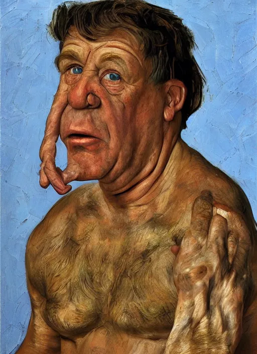 Image similar to Real life Fred Flintstone, painted by Lucian Freud, highly detailed, 8k