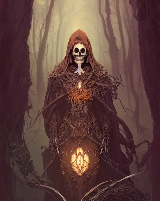 Image similar to Portrait of a skeleton mage wearing hood, dark fantasy, deep forest on background, intricate, elegant, highly detailed, digital painting, artstation, concept art, smooth, sharp focus, illustration, art by Sam Youn and Fernanda Suarez and Artem Demura and alphonse mucha