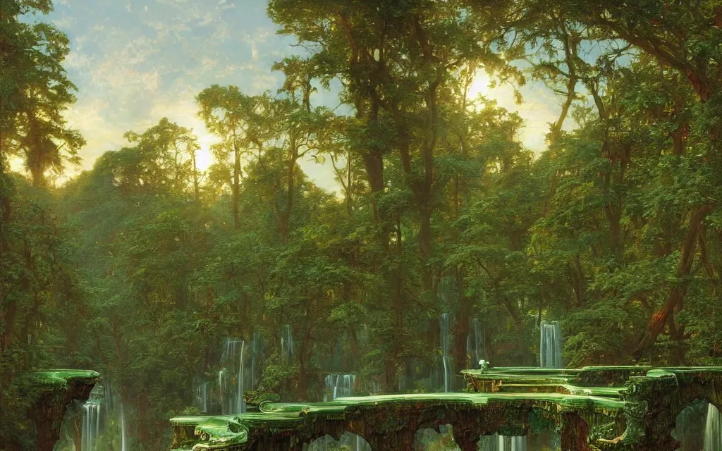 Prompt: a detailed oil painting by john williams waterhouse, thomas kincade, michael whelan and donato giancola of an intricate, ornate palace made of green, polished semiprecious malachite marble and jade, hyper detailed, hd, artstation, beautiful sunrise lighting, surrounded by trees