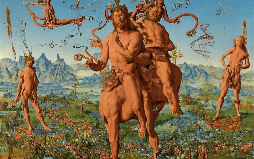 Image similar to a portrait photograph of a meditating satyr and a centaur monk riding a rocket machine and hunting at a river delta. surrounded by bulbous flowers and trees. mountain range under a blue sky of fiery stars. by jan van eyck, max ernst, ernst haeckel, ernst fuchs and artgerm, cgsociety, fashion editorial, 8 k