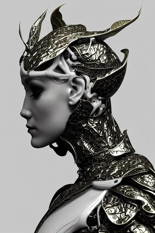 Image similar to monochrome close - up profile face, black background, beautiful young porcelain bio - mechanical vegetal - dragon - cyborg - female, white metallic armour, silver gold details, magnolia leaves and stems, roots, mandelbot fractal, 1 5 0 mm, beautiful natural soft rim light, elegant, hyper real, ultra detailed, octane render, 1 6 k