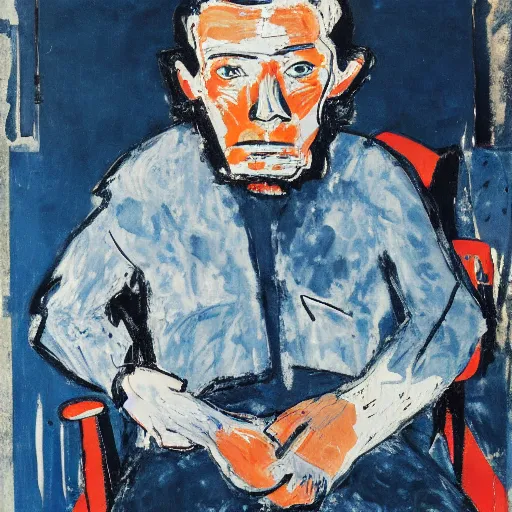 Image similar to painting of a man sitting on a chair, staring at you with an intense expression, by georg baselitz