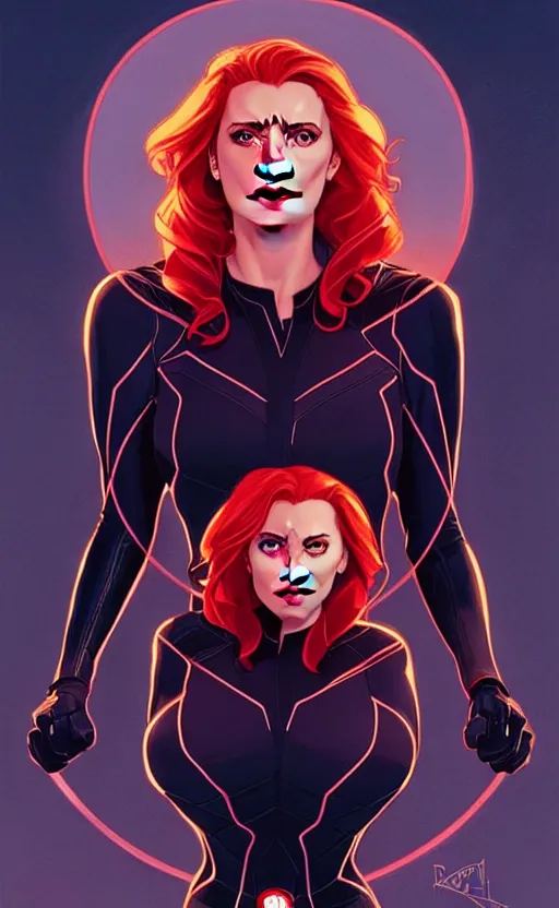 Image similar to rafeal albuquerque comic art, joshua middleton comic art, artgerm, cinematics lighting, night time, pretty scarlett johansson black widow, big smirk, symmetrical face, symmetrical eyes, long red hair, full symmetrical body, flying in the air, jumping off rooftop