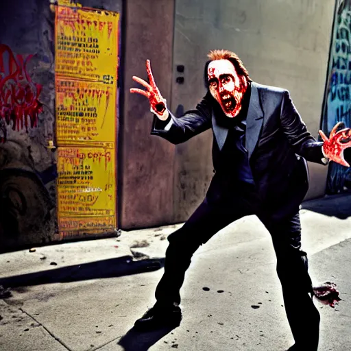 Image similar to uhd candid photo of zombie nicholas cage ranting maniacally on skid row. correct face, intricate details, hyperdetailed, accurate face. photo by annie leibowitz