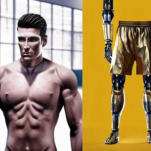 Image similar to a realistic detailed photo of a guy who is an attractive humanoid who is half robot and half humanoid, who is a male android, attractive and handsome soccer players, shiny skin, posing like a statue, blank stare, in a factory, on display, showing off his muscles, gold soccer shorts, side view, looking at each other mindlessly