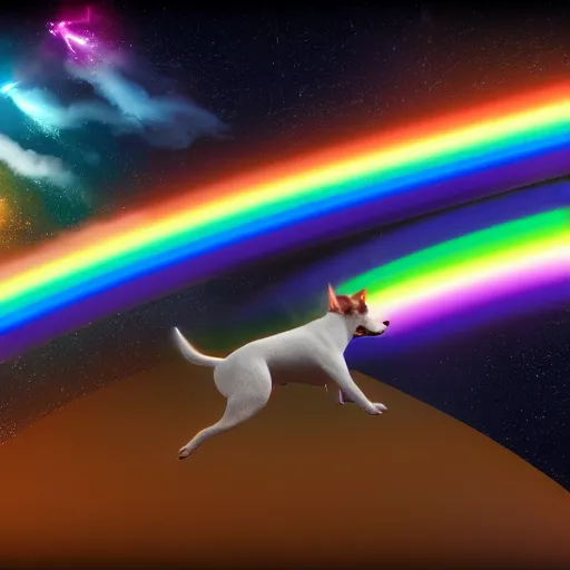 Prompt: 3d model of a dog flying in space farting a rainbow, octane render, 8k, hyper realistic