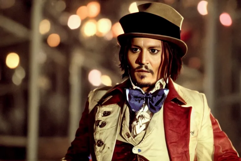 Prompt: cinematic still of johnny depp playing a character holding a large knife covered in dripping fudge in willy wonka & the chocolate factory film, movie still, long lens, shallow depth of field, bokeh, anamorphic lens flare