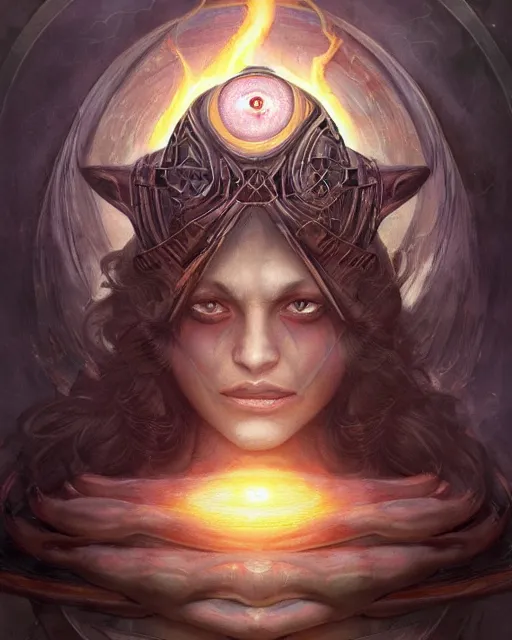 Prompt: paralyzed possessed by the deceased, the all seeing eye in the forehead of reality, a fire of a million guns, the mother of a millions sounds, god emperor of civilization illustration trending on artstation, anime. by peter mohrbacher and artgerm and greg rutkowski and ilya kuvshinov. high quality, stunning, intricate detailed character. 8 k