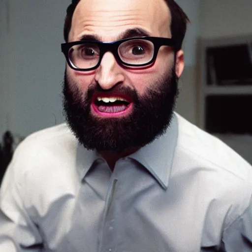 Prompt: Michael Stevens from Vsauce as the American Psycho, sweating profusely