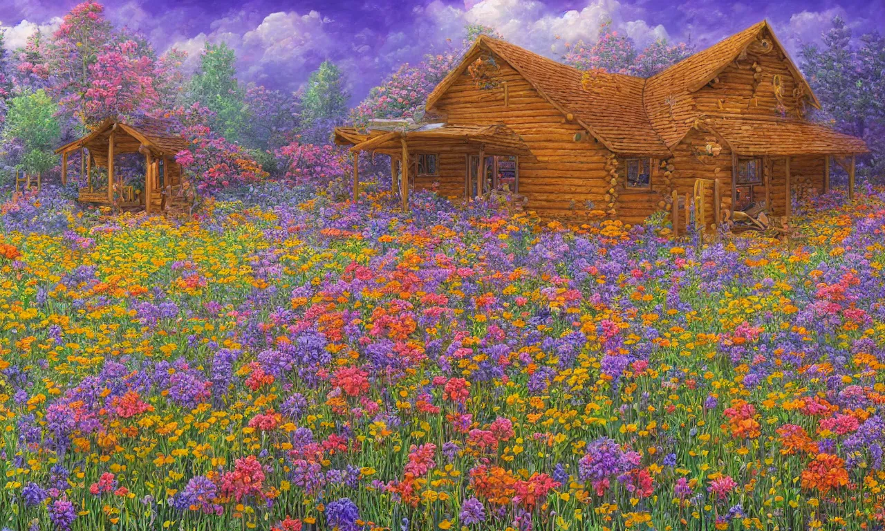 Image similar to a cabin in a mystical field of flowers, oil on canvas, intricate, hd, digital art, complementing colors, detailed, illustration painting by alex gray, digital art, moebius