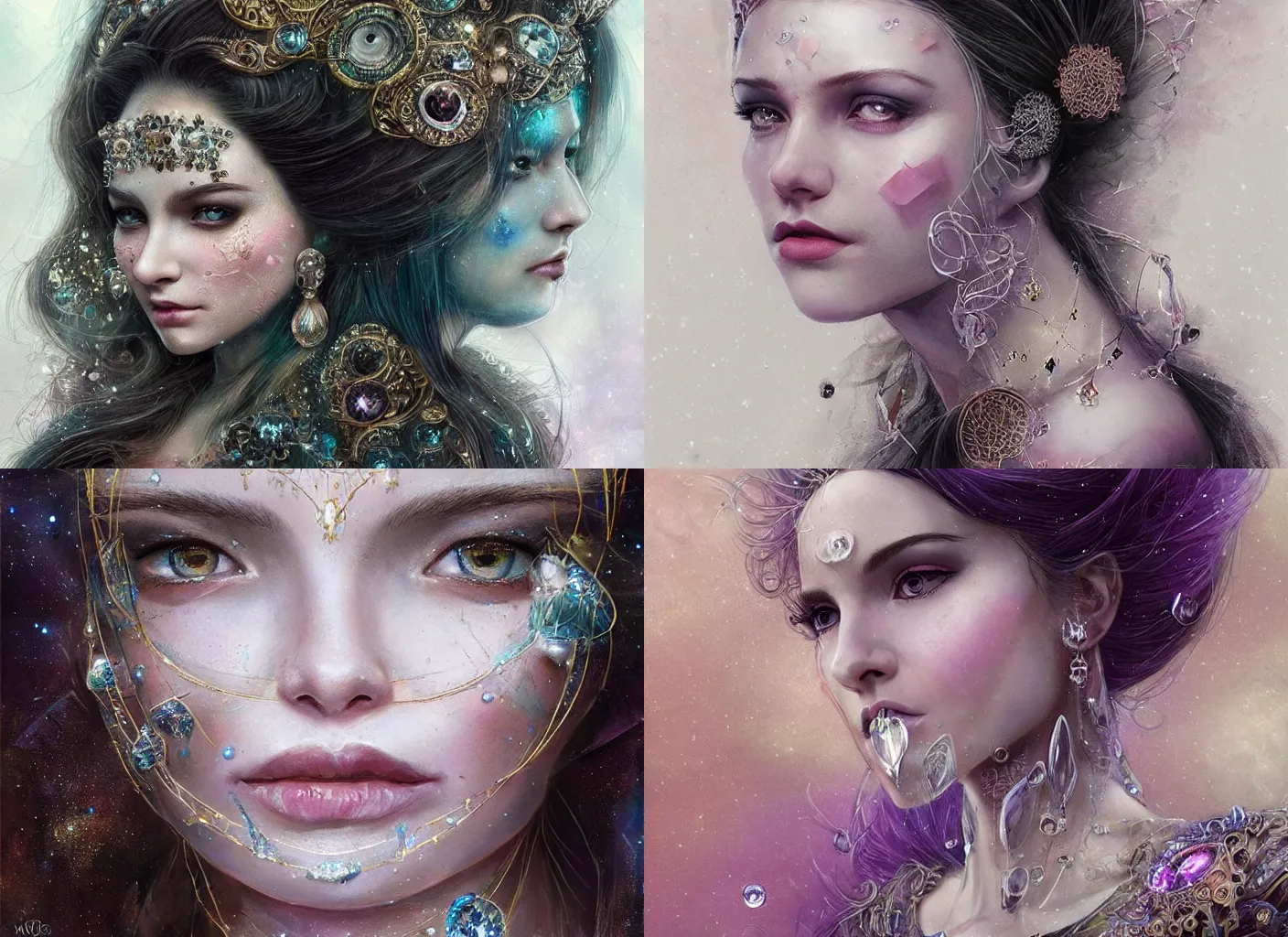 Prompt: realistic character concept, princess with lots of crystals in the face, elegant pose, scifi, illustration, symmetrical face and body, artstation, pinterest, cinematic lighting, hyperdetailed, 8 k, inspirate by michael shapcott, artgerm, insanely detailed and intricate, elegant, dark fractal background, vfx, art deco, postprocessing