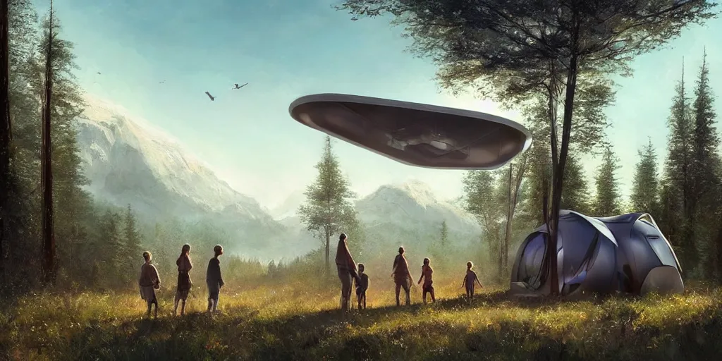 Image similar to cabela's tent futuristic pop up family pod, cabin, modular, person in foreground, mountainous forested wilderness open fields, beautiful views, painterly concept art, joanna gaines, environmental concept art, farmhouse, magnolia, concept art illustration by ross tran, by james gurney, by craig mullins, by greg rutkowski trending on artstation