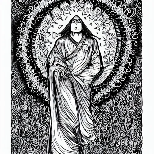 Image similar to black and white pen and ink!!!!!!! Suprani!!!!! wizard Nick Drake wearing High Royal flower print robes flaming!!!! final form flowing ritual royal!!! Contemplative stance Vagabond!!!!!!!! floating magic swordsman!!!! glides through a beautiful!!!!!!! Camellia!!!! Tsubaki!!! death-flower!!!! battlefield behind!!!! dramatic esoteric!!!!!! Long hair flowing dancing illustrated in high detail!!!!!!!! by Hiroya Oku!!!!!!!!! graphic novel published on 2049 award winning!!!! full body portrait!!!!! action exposition manga panel black and white Shonen Jump issue by David Lynch eraserhead and beautiful line art Hirohiko Araki!! Frank Miller, Kentaro Miura!, Jojo's Bizzare Adventure!!!! 3 sequential art golden ratio technical perspective panels horizontal per page