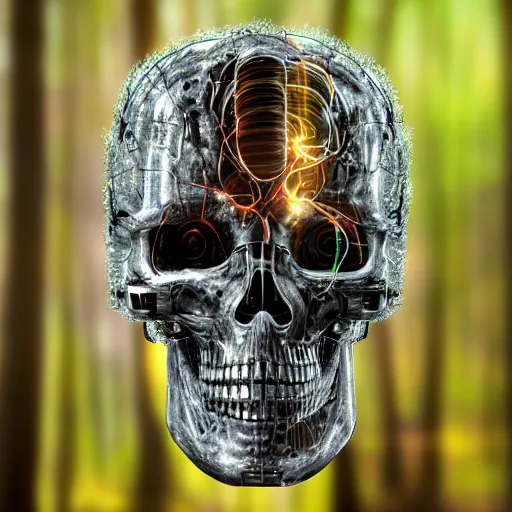 Image similar to extremely detailed portrait of a terminator's head, packed with cybernetics and and borg enhancements and has lit optic fibers inside. In a forest with bokeh. No plating, only frame of skull.