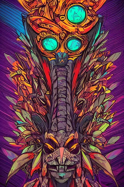 Image similar to totem animal mask tribal feather gemstone plant wood rock shaman vodoo video game vector illustration vivid color borderlands by josan gonzales and dan mumford radiating a glowing aura