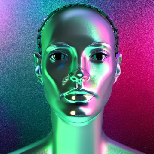 Image similar to 3d render of holographic human robotic head made of glossy iridescent, surrealistic 3d illustration of a human face non-binary, non binary model, 3d model human, cryengine, made of holographic texture, holographic material, holographic rainbow, concept of cyborg and artificial intelligence