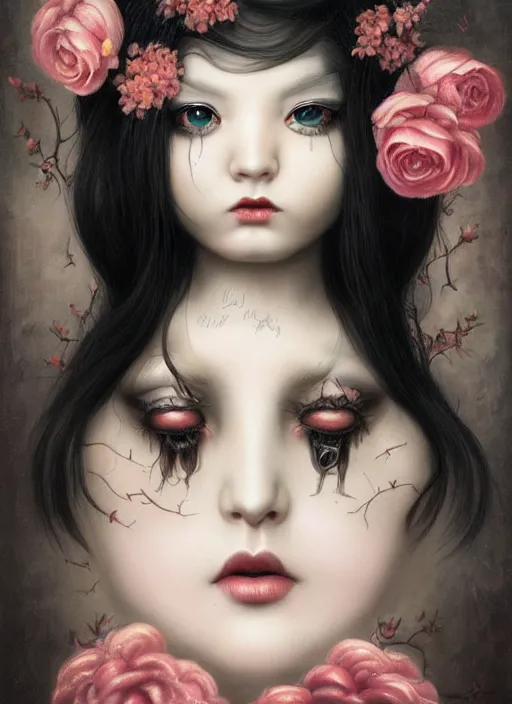 Prompt: pop surrealism, lowbrow art, realistic seductive cute woman painting, long black hair, japanese shibari with flowers, hyper realism, muted colours, rococo, natalie shau, loreta lux, tom bagshaw, mark ryden, trevor brown style,