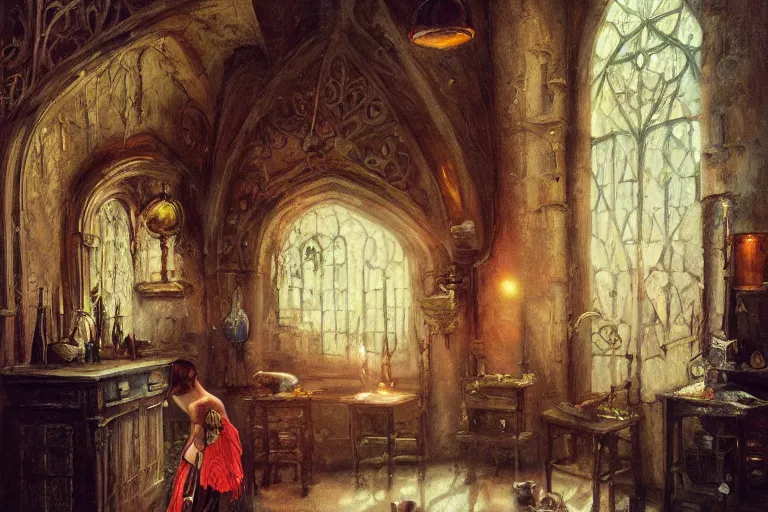 Prompt: A mouse in a Gothic atelier, oil painting, detailed, colorful, 4k, dimly lit, in the style of Yanjung Chen and Tom Bagshaw