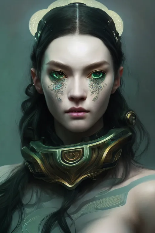 Image similar to ultra detailed beautiful nordic cyborg, black long hair, green eyes, implants in her face, sharp bone structure, extremely detailed digital painting, in the style of fenghua zhong and ruan jia and jeremy lipking and peter mohrbacher, mystical colors, rim light, beautiful lighting, 8 k, stunning scene, raytracing, octane, trending on artstation