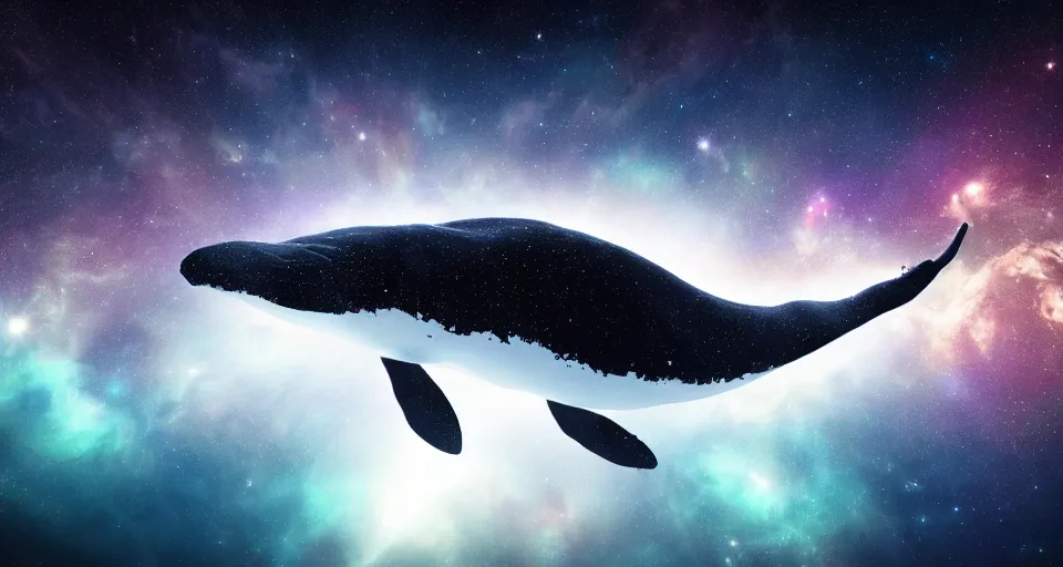 Image similar to high quality photo of big whale floating in dark beautiful space filled with stars, planets and galaxies, photorealism, 8k, rendered by unreal engine