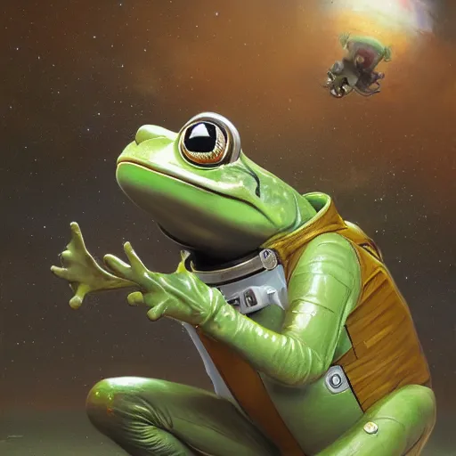 Prompt: long shot of a astronaut frog wearing an astronaut helmet, by esao andrews, by m. w. kaluta, beautiful oil painting, cinematic space scenery, small depth of field, depth perception, volumetric light, rich colors, 3 d octane render, 8 k, conceptart, hyperdetailed, hyperrealistic, trending on artstation