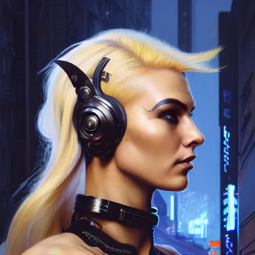 Prompt: Side view of a cyborg demon blond in cyberpunk headset and helmet on the street of a cyberpunk city, sci-fi, fantasy, intricate, very very beautiful, elegant, highly detailed, digital painting, artstation, concept art, smooth, sharp focus, illustration, art by artgerm and greg rutkowski and alphonse mucha