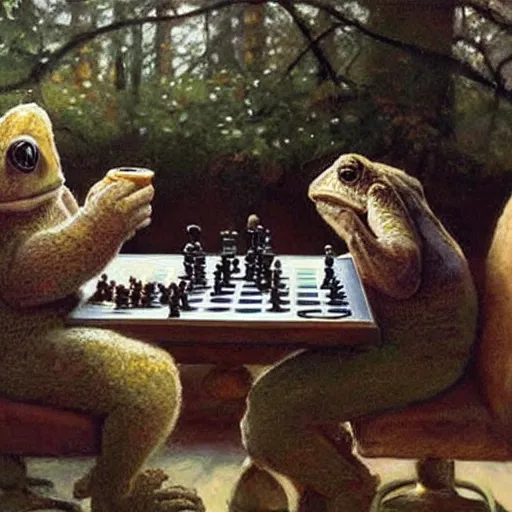 Image similar to toads drinking tea and playing chess. Painting of toads wearing sweaters by James Gurney.