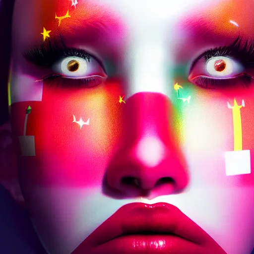 Image similar to A close-up of a beautiful girl with a surreal makeup reminding the swiss flag, octane render, bokeh, cyberpunk vibes, neons on the background