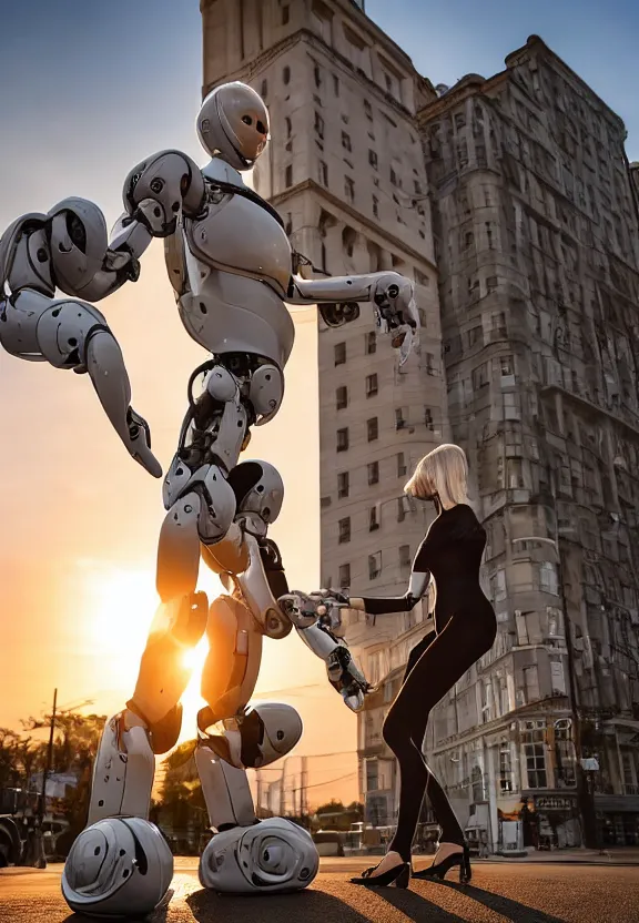 Image similar to a calming photograph of a slender, humanoid robot caresses a beautiful woman in the face, large shot, wide shot, in a street, sunset photo