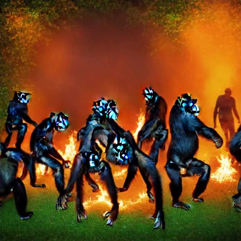 Image similar to real life 1 2 chimpanzees dancing in circle, bonfire in center, a jungle, cinematic, volumetric lighting, vivid colours, long evil shadows, f 8 aperture, cinematic eastman 5 3 8 4 film, photorealistic