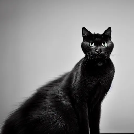 Image similar to national geographic photograph of a scheming black cat sitting in a white room