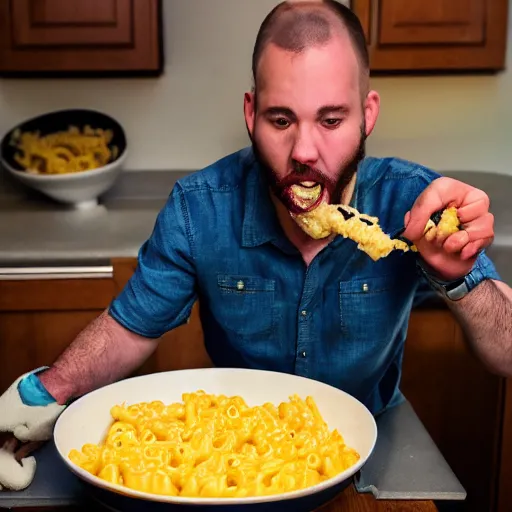 Image similar to a stream of mac n' cheese flowing out of a man's mouth into a huge bowl. His eyes are red from crying. photograph.