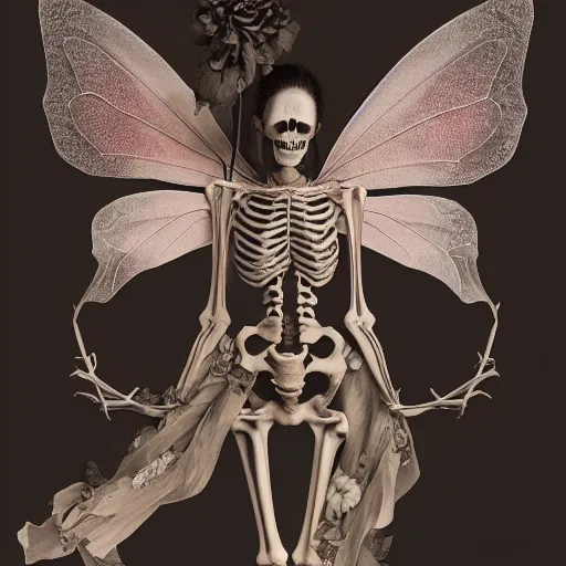 Prompt: the skeleton of a fairy ribbon dancing on a black rose, the ribbon is made up of the fabric of the universe, ultra realistic, concept art, intricate details, highly detailed, photorealistic, octane render, 8 k, style of jean baptiste monge