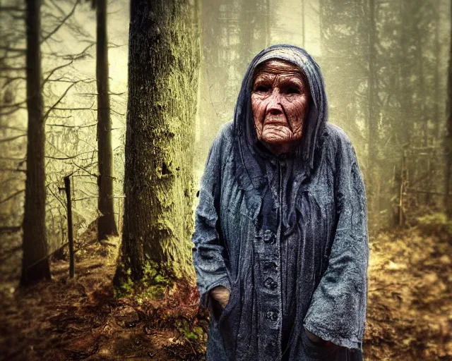 Prompt: close up portrait of an old woman with sinister face and dirty clothes standing outside of an old cabin, forest in the background, bokeh, depth of field, dramatic lighting, cinematic, vivid colors, matte painting, digital painting style, John Atkinson Grimshaw color scheme