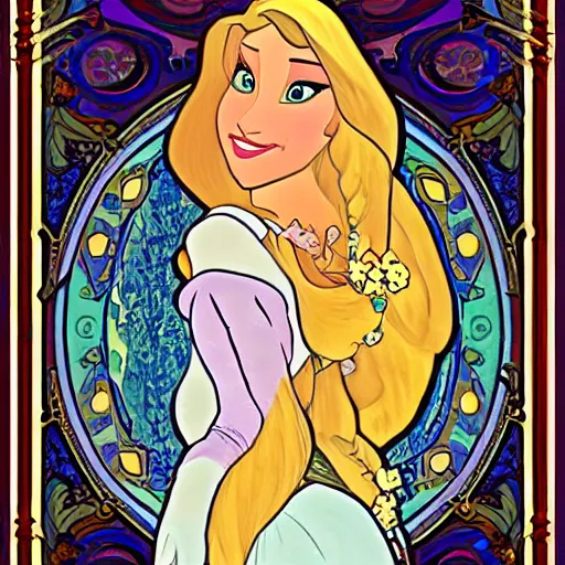 Prompt: rapunzel from disney's tangled, 8k, french noveau style, alphonse mucha