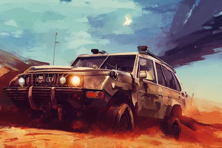 Image similar to digital illustration of mad max's land cruiser pursuit special, the last v 8 interceptor by makoto shinkai, ilya kuvshinov, lois van baarle, rossdraws, basquiat