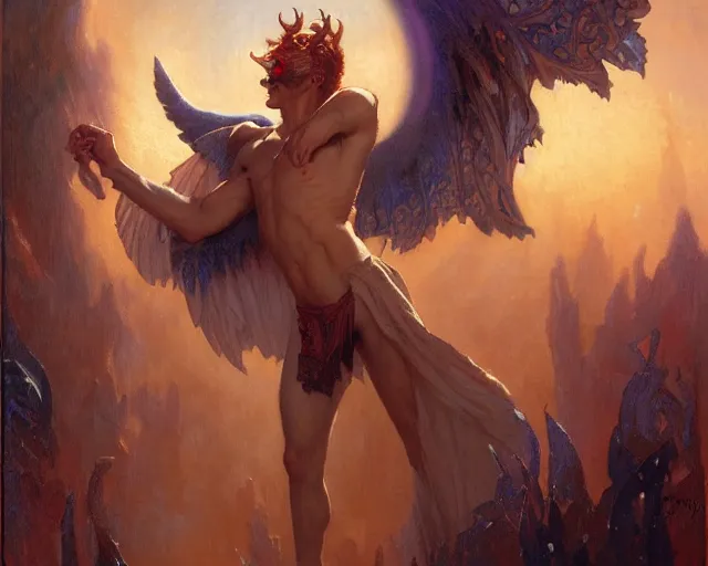 Image similar to attractive male deity, casting demonic magic, summoning handsome lucifer morning star. highly detailed painting by gaston bussiere, craig mullins, j. c. leyendecker 8 k