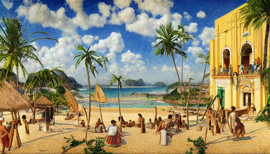 Prompt: a photorealistic detailed cinematic image of a beautiful brazilian nordeste building designed by jules bastien - lepage, tarsila do amaral, spiritual science, divinity, utopian, mediterranean beach, wildlife preservation, waterfall, by tim white, david a. hardy, kinkade, lisa frank, wpa, public works mural