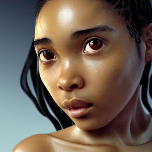 Image similar to a photorealistic hyperrealistic, bright brown eyes, light skinned african young girl, ponytail hair, flawless face, asian eyes, cute face, black turtle neck shirt, by wlop, artgerm, greg rutwoski, alphonse mucha, beautiful dynamic dramatic low - light moody lighting, cinematic atmosphere, artstation, concept design art, octane render, 8 k