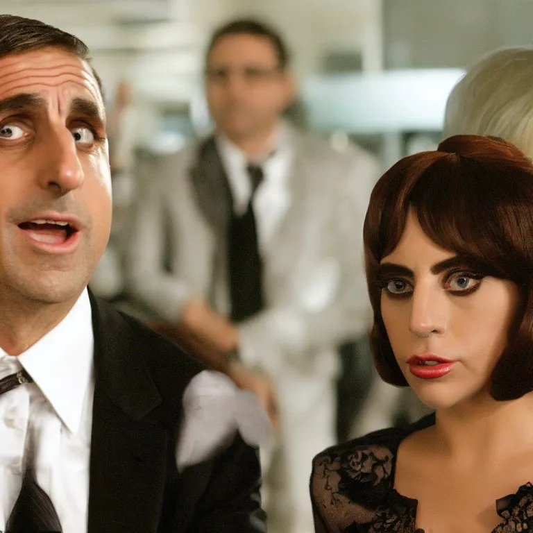 Prompt: confused lady gaga looking at the camera while young steve carell smiles behind her, from the office ( 2 0 0 5 ), detailed background, uhd, low light, cinematic, realistic, clear face, clear eyes.