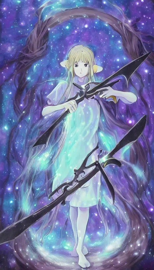 Image similar to a beautiful link drawing of the being death as a cute anime girl with a giant scythe from a studio ghibli film inspired by the death tarot card, dark vibes, pastel colors, cosmic,