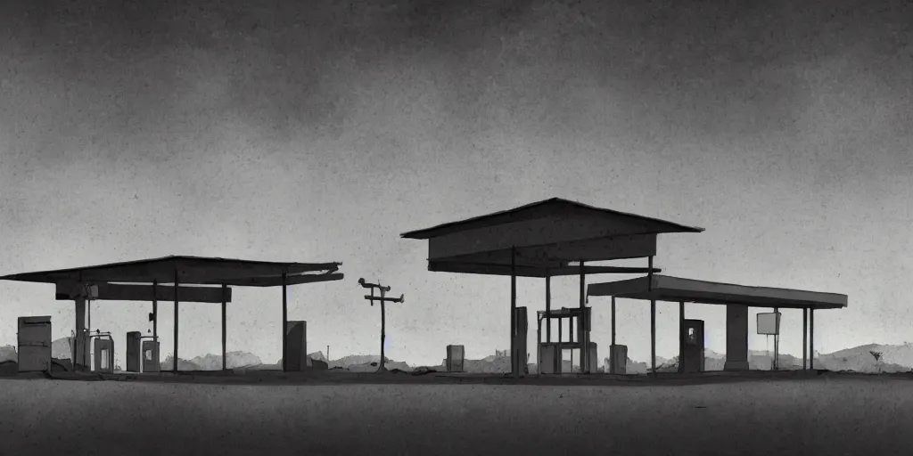 Prompt: An abandoned gas station in the desert at night, creepy and dramatic atmosphere, digital art by Studio Ghibli and Edward Hopper