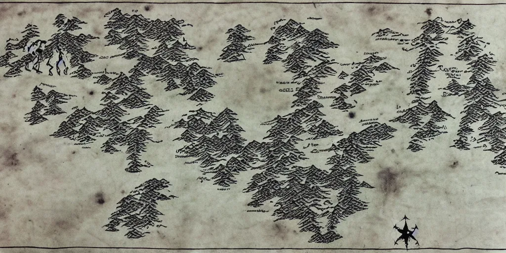 Image similar to wolf's face.medieval fantasy map, mountains, islands, forests. Map-style Skyrim, Lord of the rings map, zelda breath of the wild map, video game style, drawing on a parchment