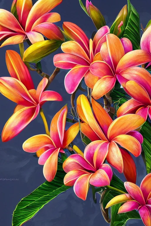 Image similar to ultra realistic illustration, portrait of a tan chihuahua plumeria tropical bouquet background, close up shot, fantasy, intricate, elegant, highly detailed, digital painting, artstation, concept art, smooth, sharp focus, illustration, surrealism