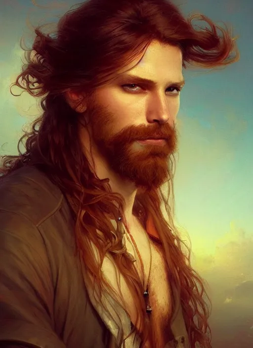 Image similar to portrait painting of a handsome rugged long hair crimson hair male pirate, soft hair steampunk ornate zeppelin in the sky sunset golden hour art by greg rutkowski gaston bussiere fantasy soft hair trending on artstation deviantart book cover art concept art key art dramatic volumetric lighting, 4 k, award winning