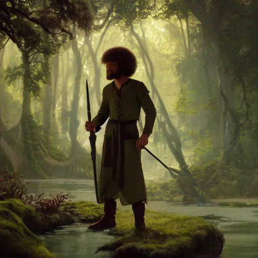 Prompt: an ultra detailed matte painting of bob ross dressed as a wandering elf druid, large alligator animal familiar!!! d & d, fantasy concept art by alphonse mucha and greg rutkowski and maschinen krieger and beeple, octane render, 8 k, detailed face