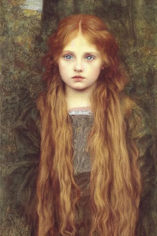 Prompt: Pre-Raphaelite portrait of a young beautiful girl with blond hair and grey eyes