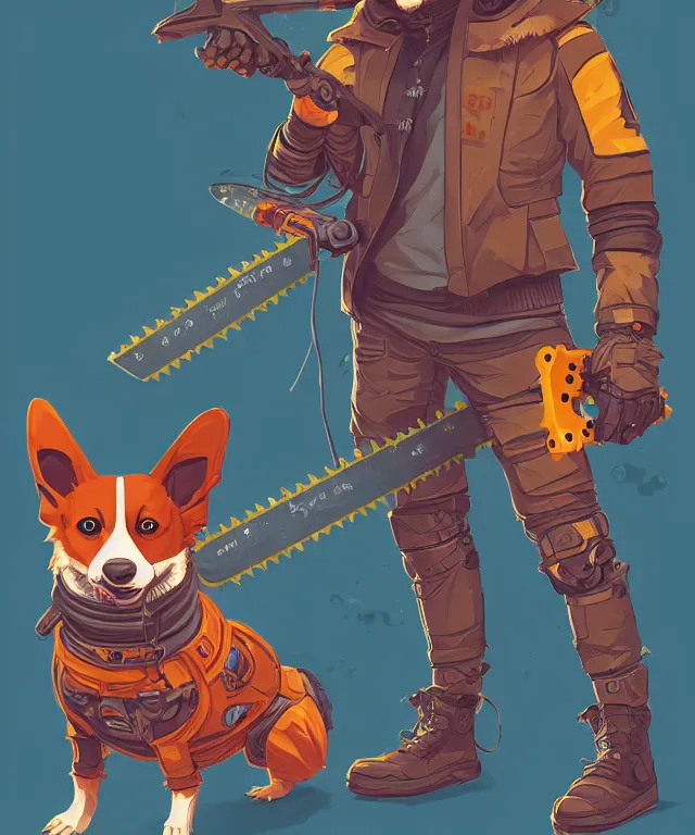 Image similar to a portrait of an anthropomorphic! cyberpunk corgi! holding a chainsaw, fantasy, elegant, digital painting, artstation, concept art, matte, sharp focus, illustration, art by josan gonzalez