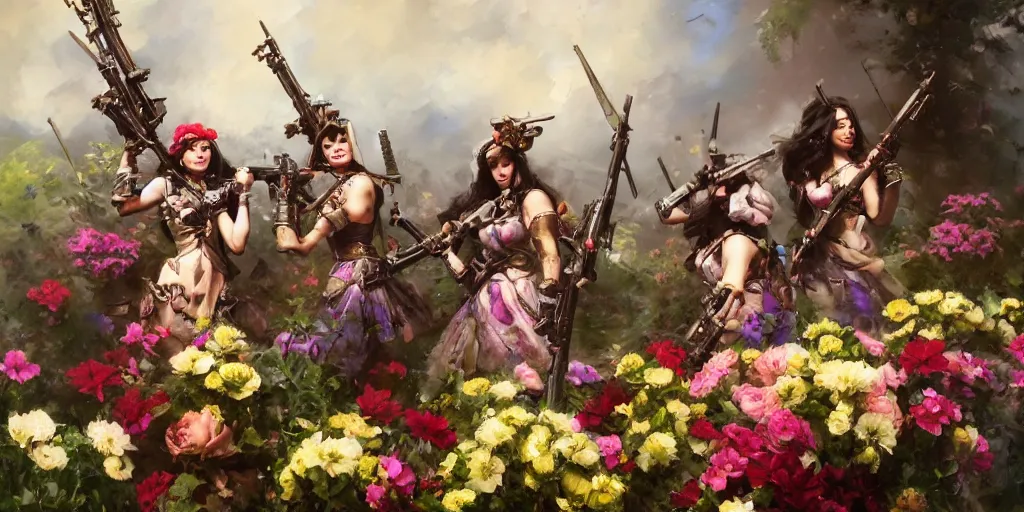 Image similar to warhammer battle sisters aiming their rifles at a bouquet of flowers. by Daniel F. Gerhartz, hyperrealistic oil painting, 4k, studio lightning, very detailed, rtx on