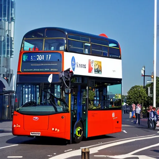 Image similar to A 10 story tall london bus, surreal